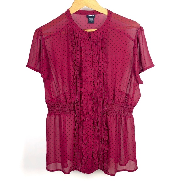 Torrid Women's Red Sheer Polka Dot Blouse 1094 - Picture 3 of 7